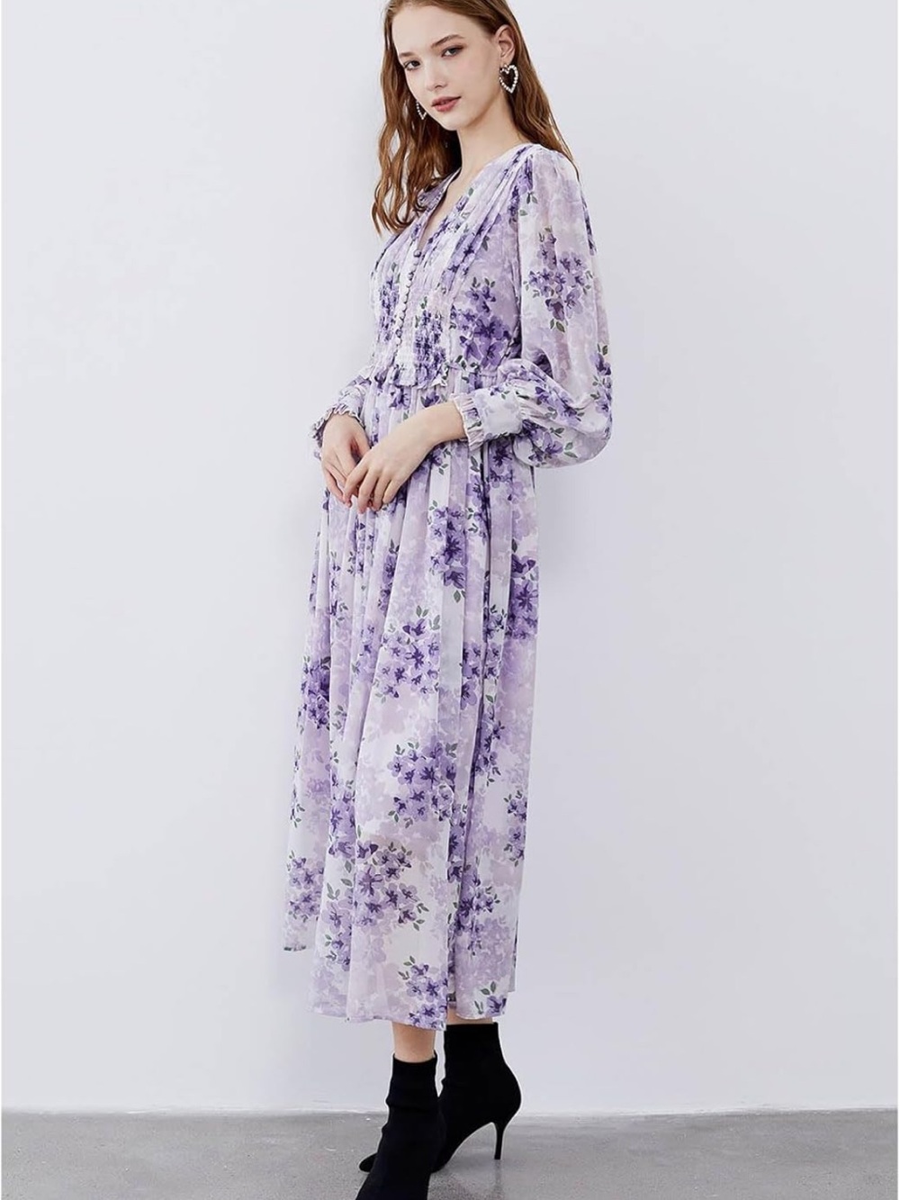 Women’s Lilac V-Neck Delicate Floral Print Buttons Shirred Chiffon Maxi Dress XL